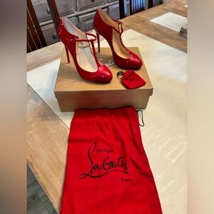 Christian Louboutins - Red Bottom Shoes - Red Patent T Poppins - Size 37.5 = 7.5
